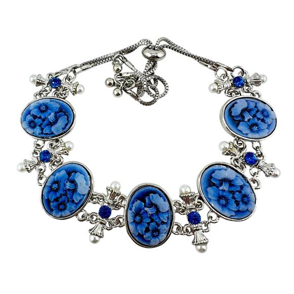 Vintage Style Victorian Revival Blue Faux Floral Cameo Silver Tone Bolo Bracelet - Picture 3 of 5